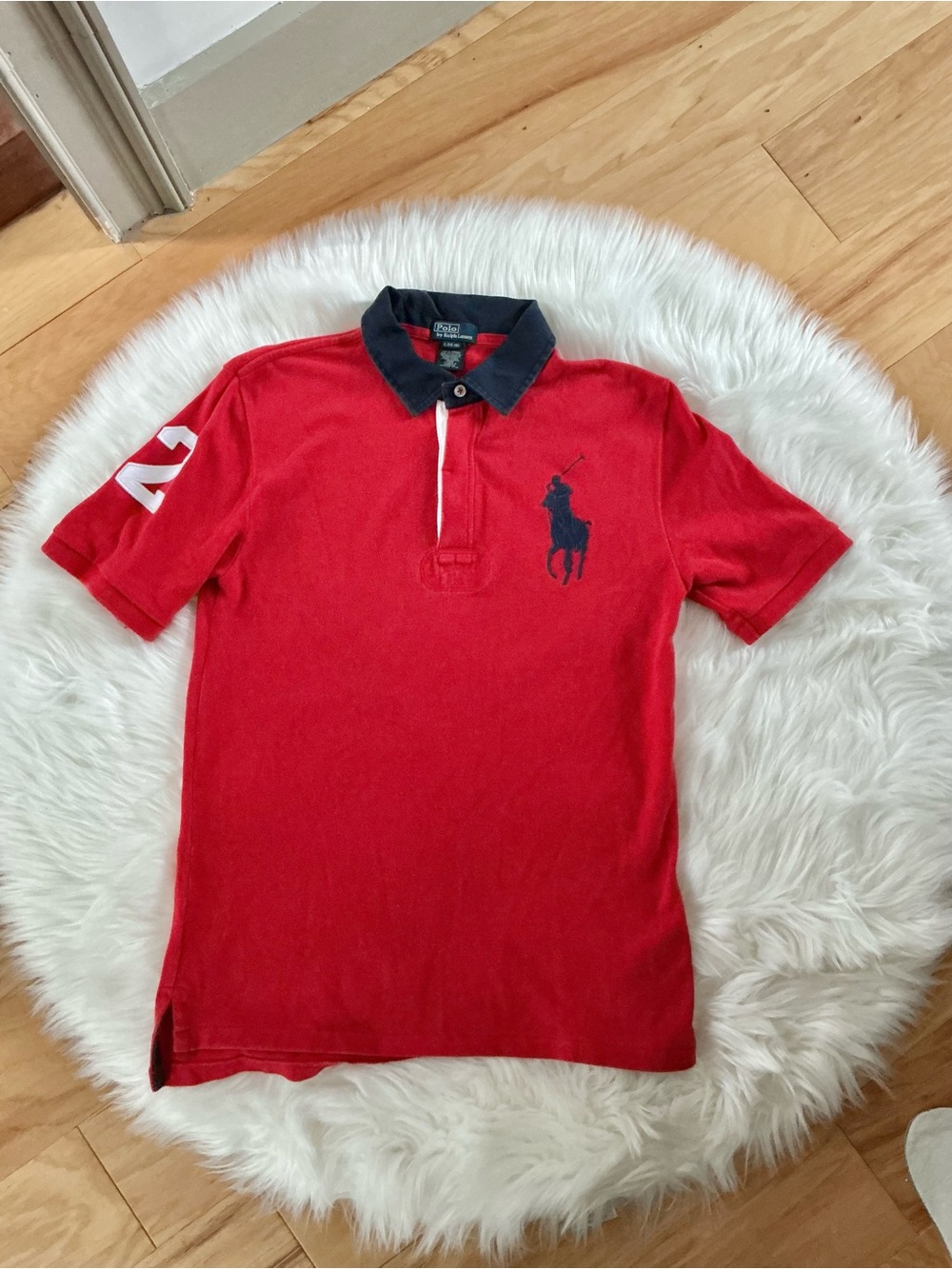 Polo by Ralph Lauren Boys 1/4 Button Red Big Pony Polo with Navy Collar